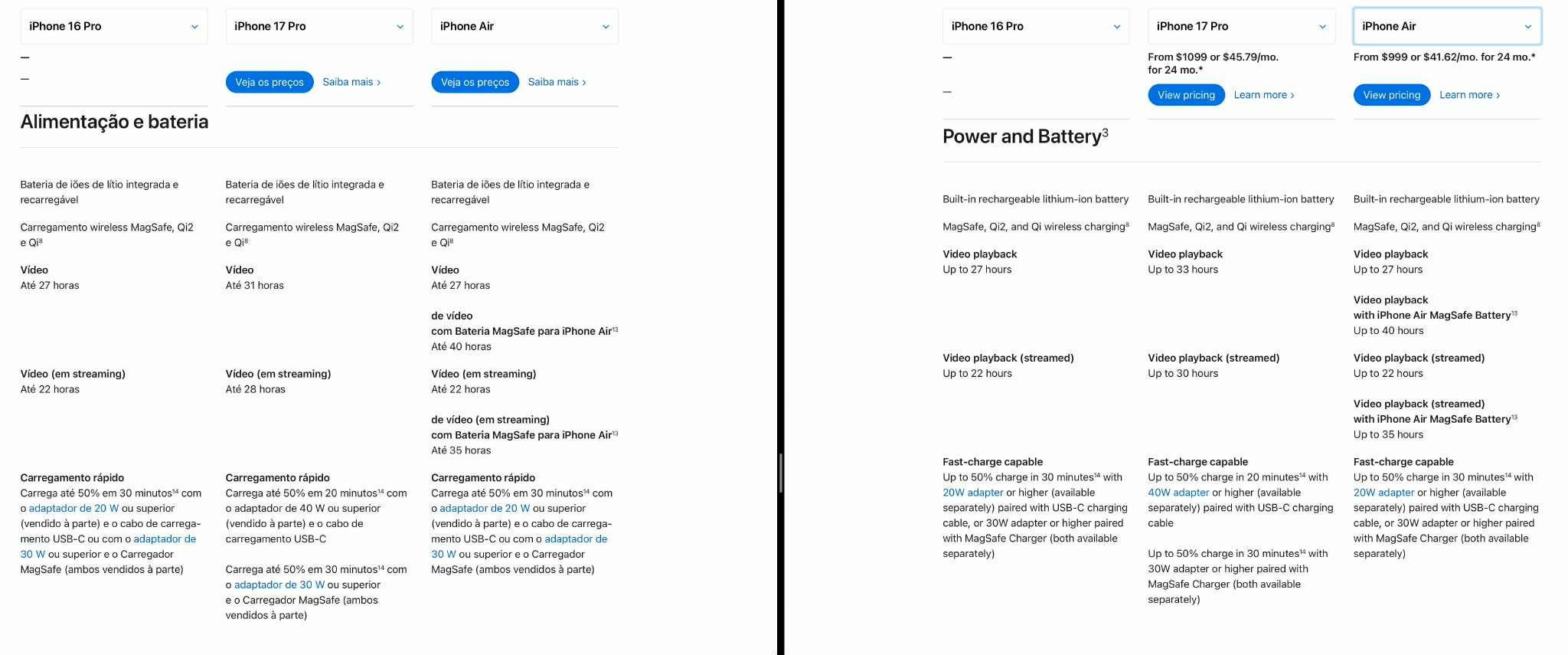 Iphone 17 bateria EUA vs Europa