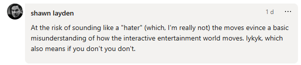 Shawn Layden coment&aacute;rio  Linkedin 