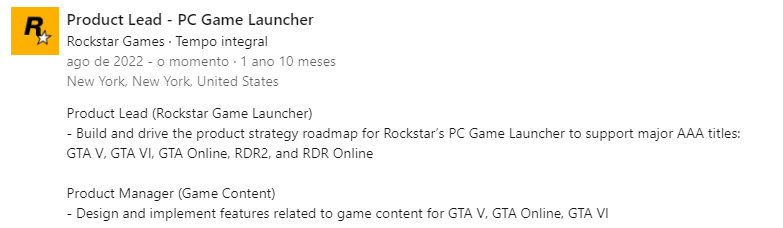 Currículo confirma GTA 6 para PC.