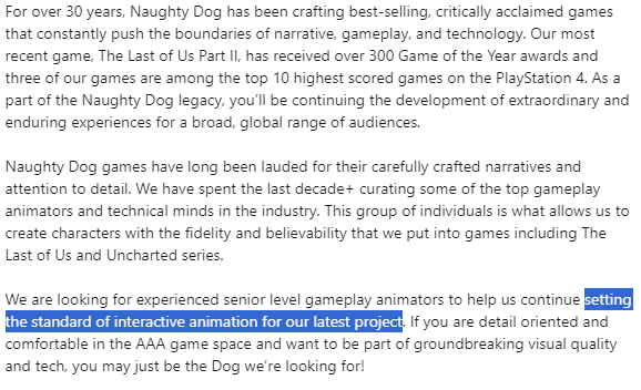 Naughy Dog Senior Gameplay Animator